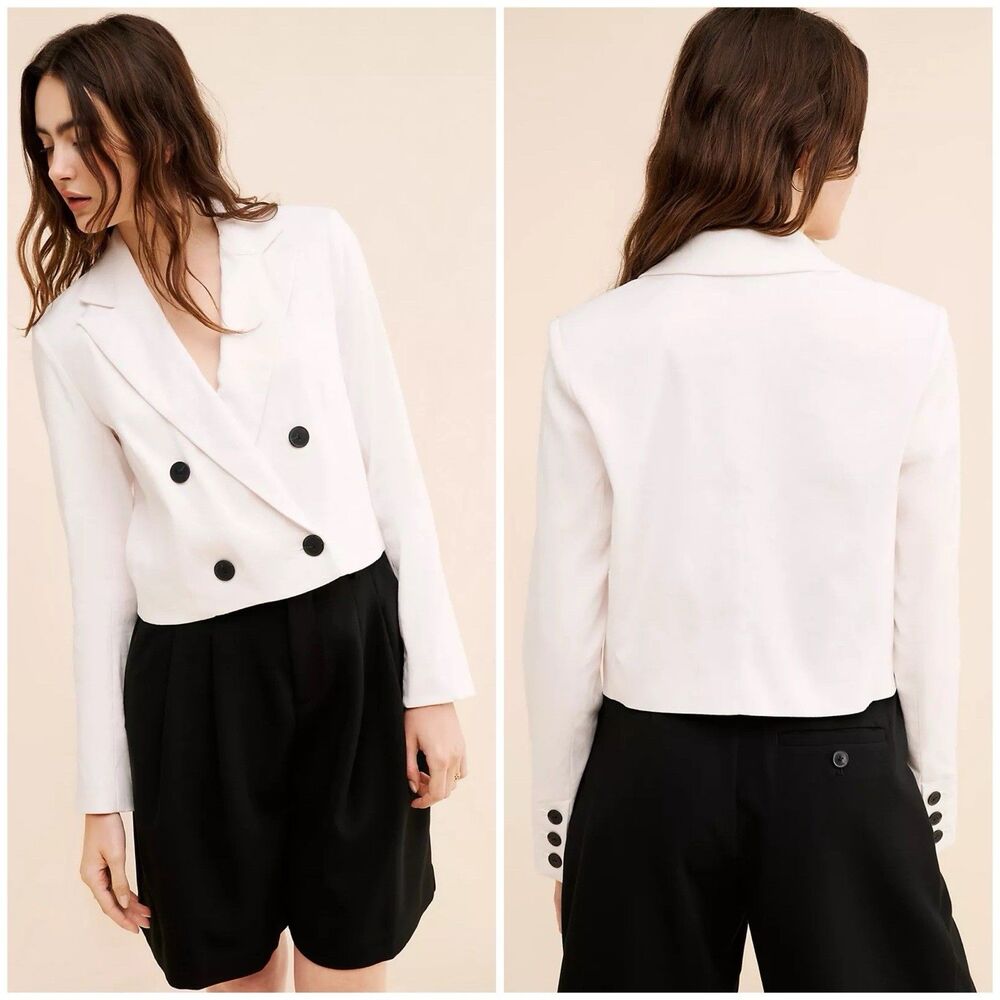 Anthropologie Maeve Linen Blend Cropped White Blazer Jacket Size Medium